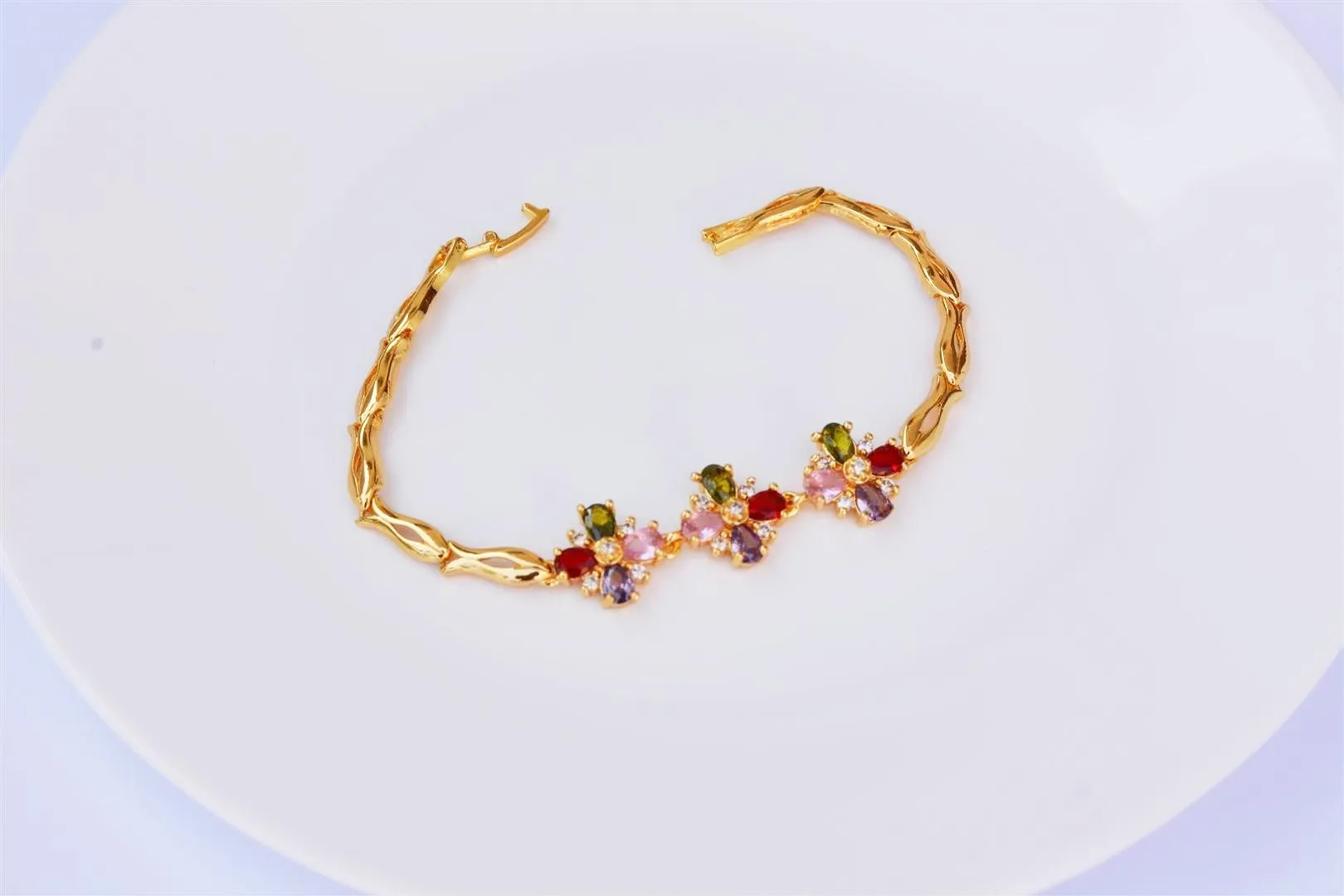 Gold Multicolor Ad Stones Flower Bracelet