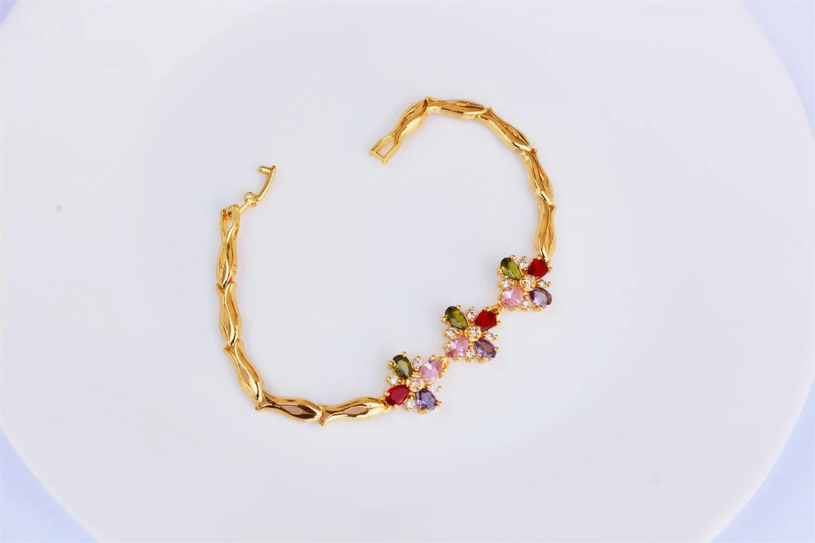 Gold Multicolor Ad Stones Flower Bracelet
