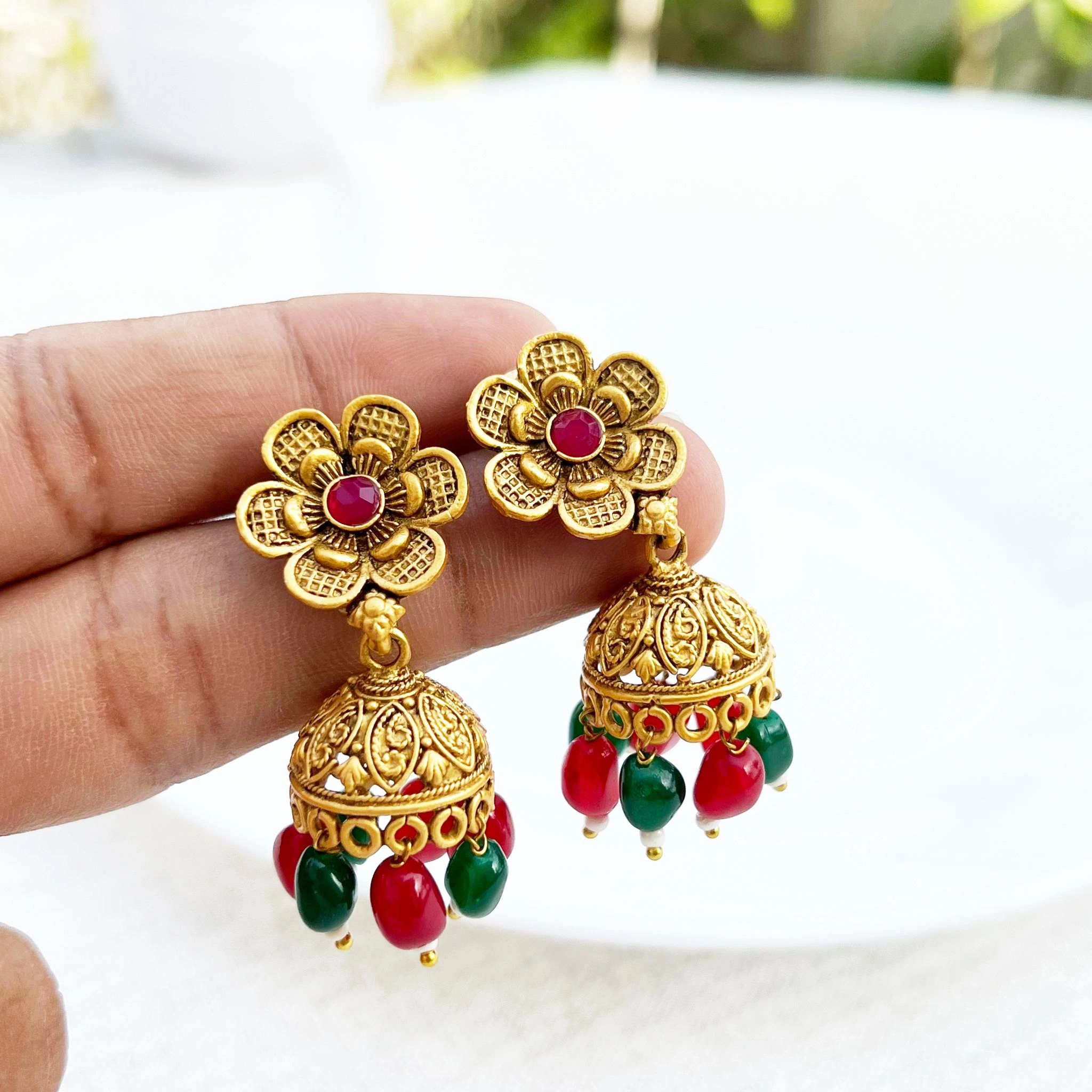 Pearl Drops Rajwadi Necklace Set In Maroon And Green