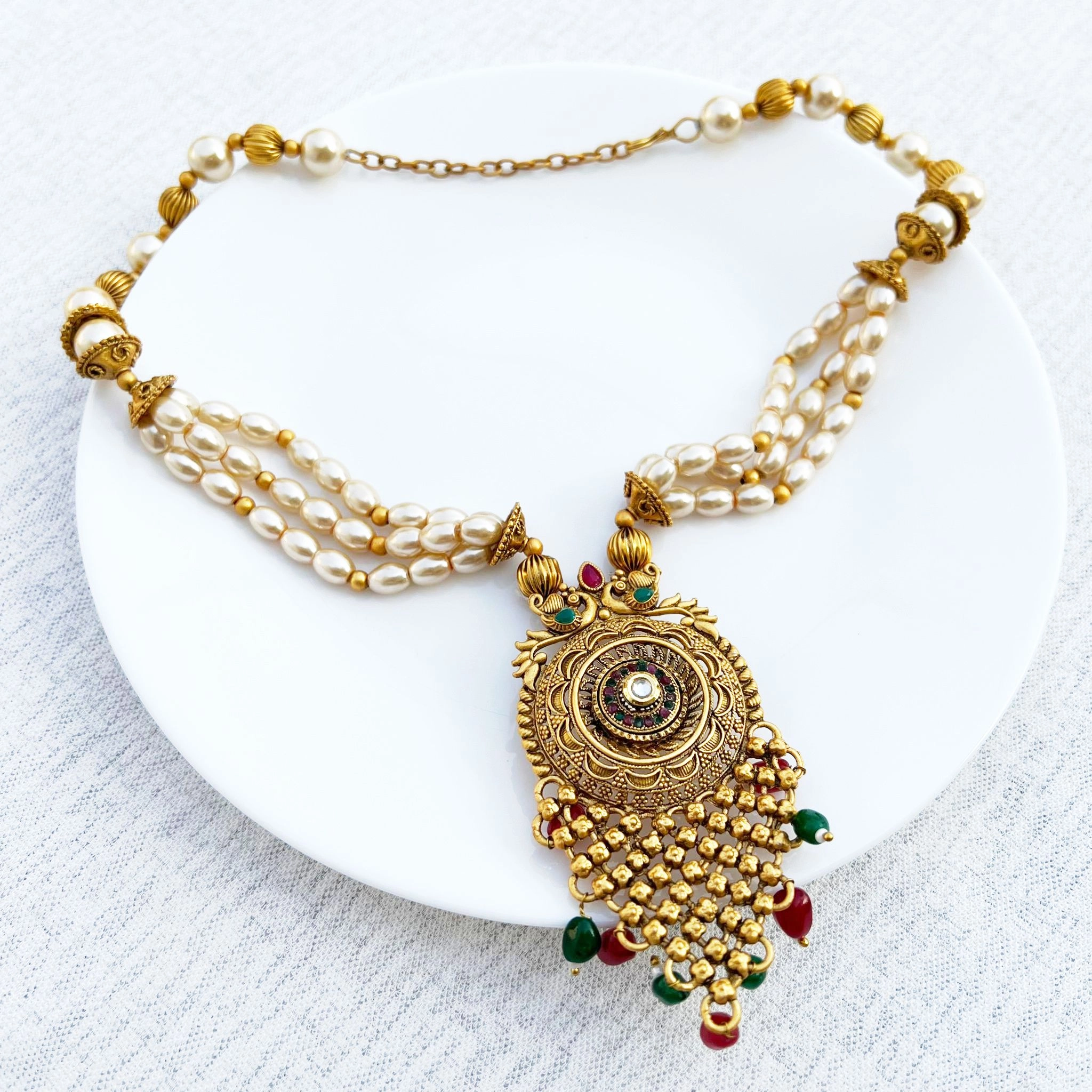 Pearl Drops Rajwadi Necklace Set In Maroon And Green