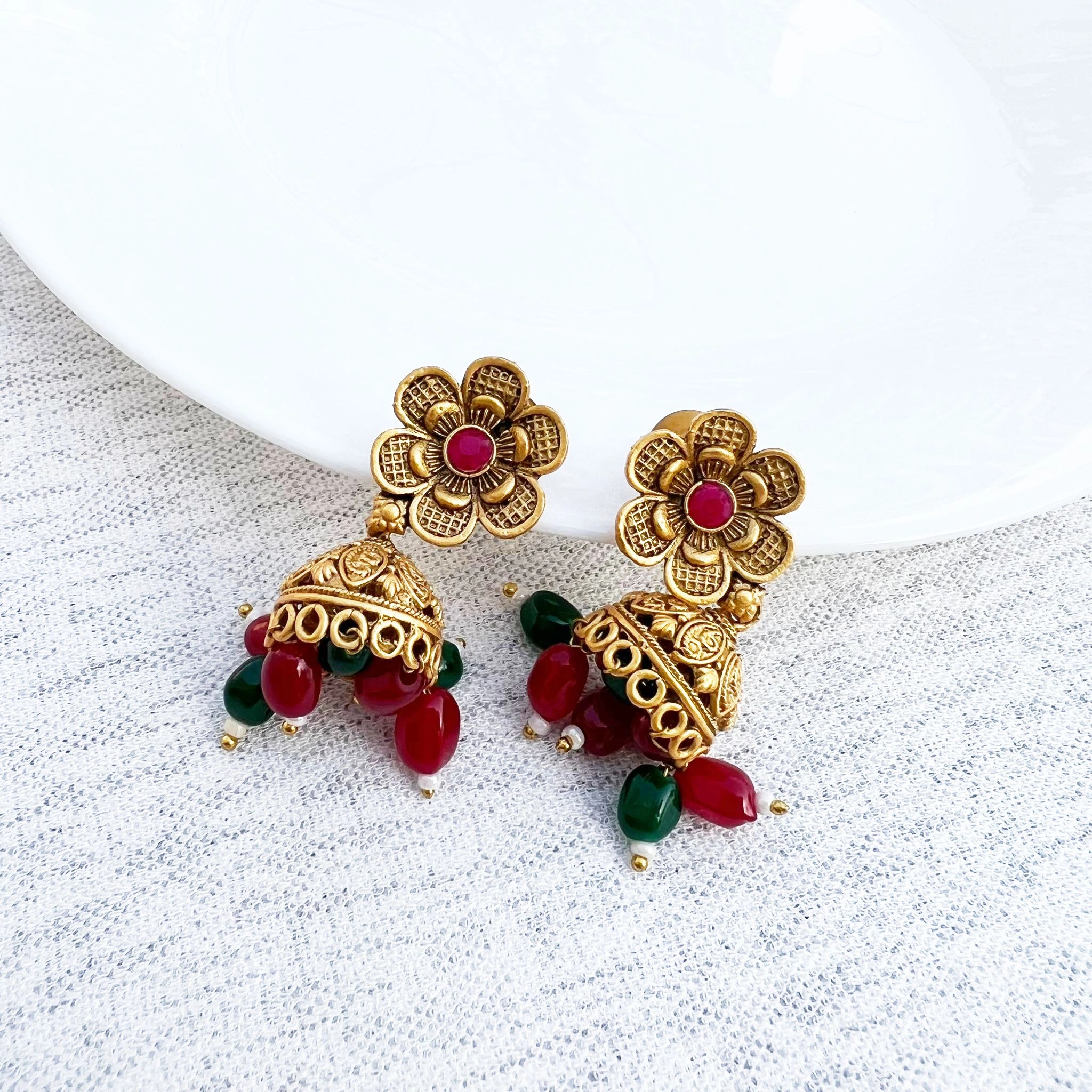 Pearl Drops Rajwadi Necklace Set In Maroon And Green