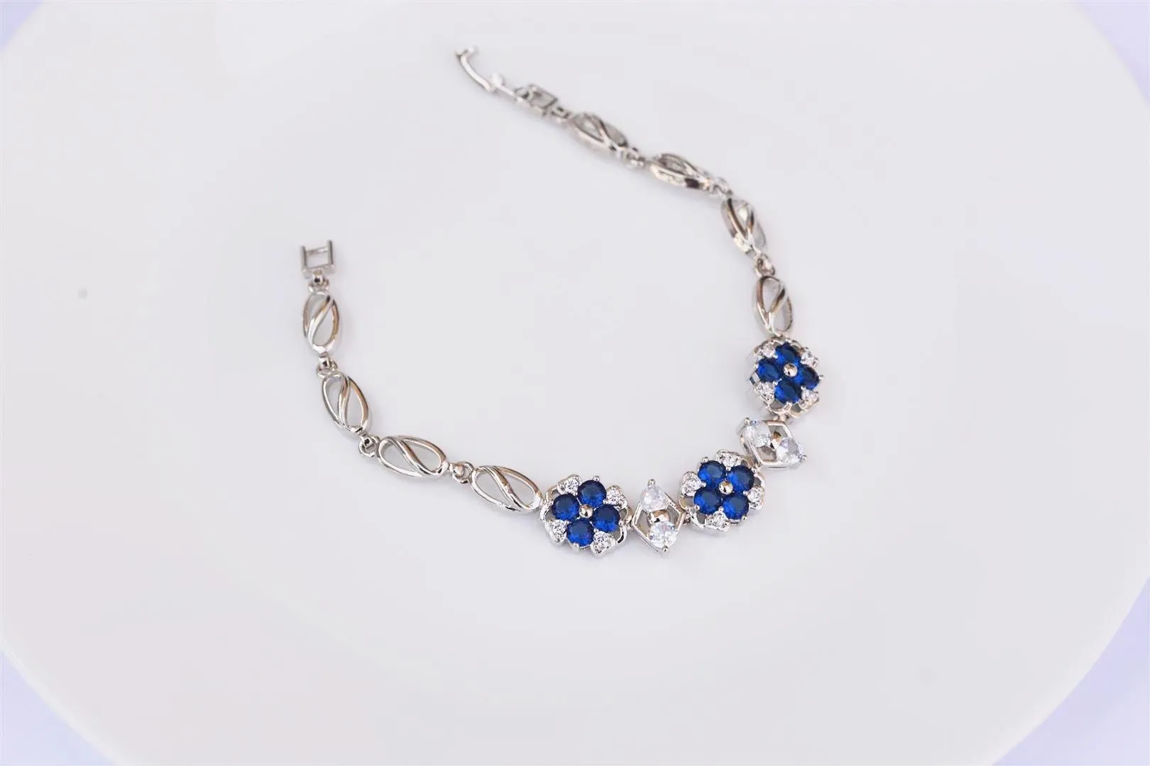 Silver Dark Blue Ad Stones Flower Bracelet