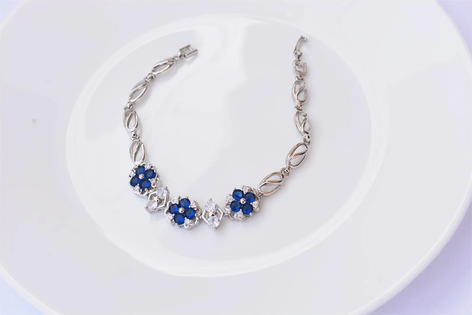 Silver Dark Blue Ad Stones Flower Bracelet